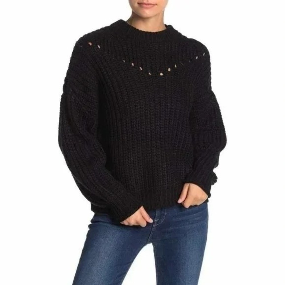 Elodie Womens XL Black Chunky Ribbed Knit Pointelle Eyelet Pullover Sweater NEW‎
